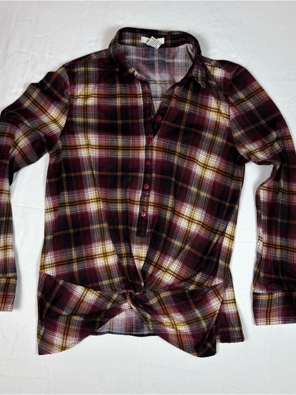 Love Potion Plaid Twist Front Shirt Women’s M Burgundy Long Sleeve Casual Top - Picture 1 of 8
